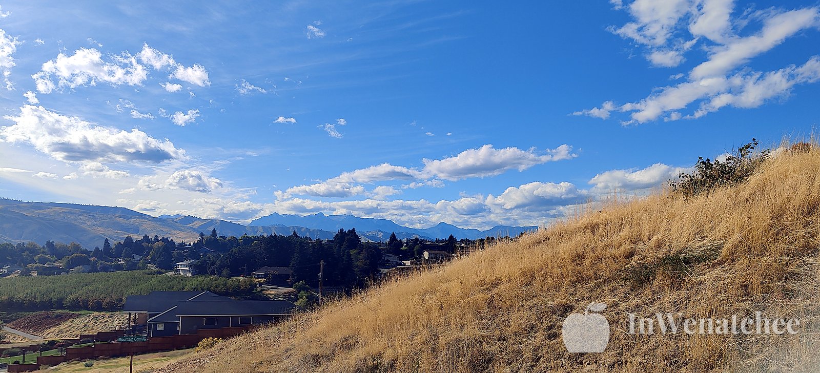A golden grass slope with the valley and mountains behind it.