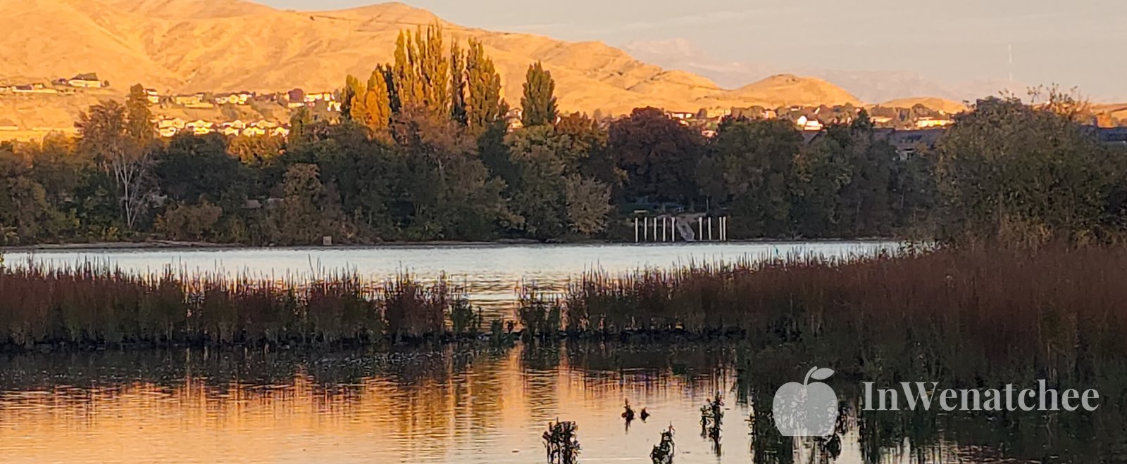 Orange sunset over the Columbia River at the Wenatchee riverfront, with the colored sky reflected in the water, hills along the shore, and reeds in the foreground.