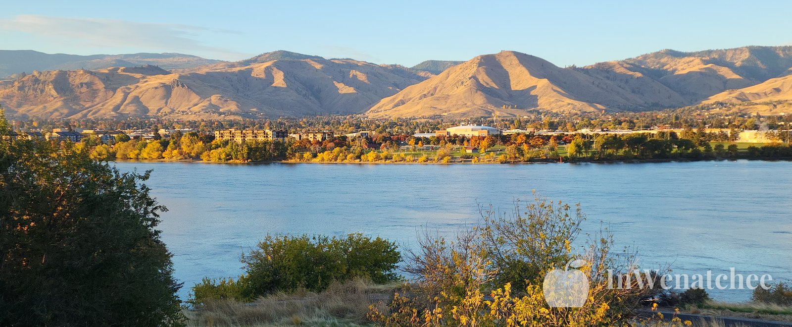 The Columbia between fall-colored banks, with the river in the middle of the frame and sagebrush and trees along the near shore.