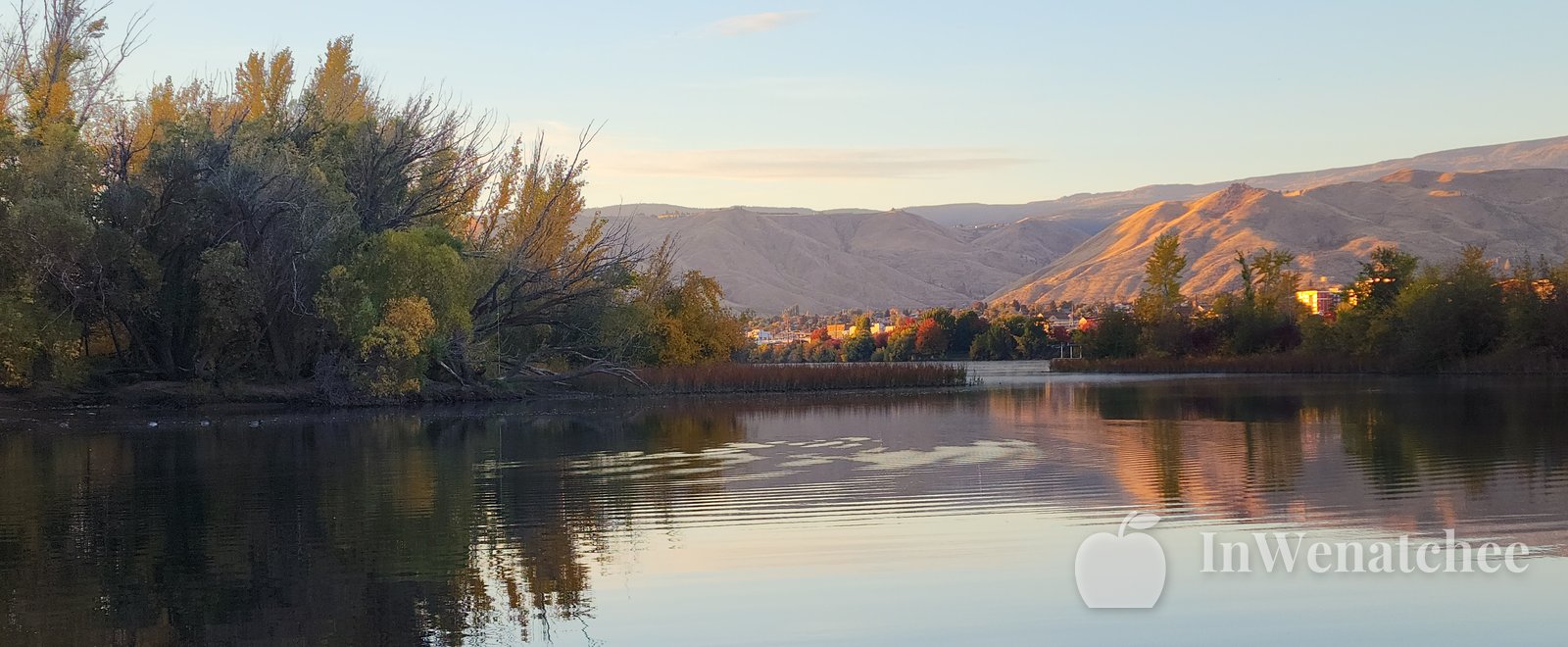 Sunset light on the Columbia River at the Wenatchee riverfront, with reeds along the bank and hills in the distance.